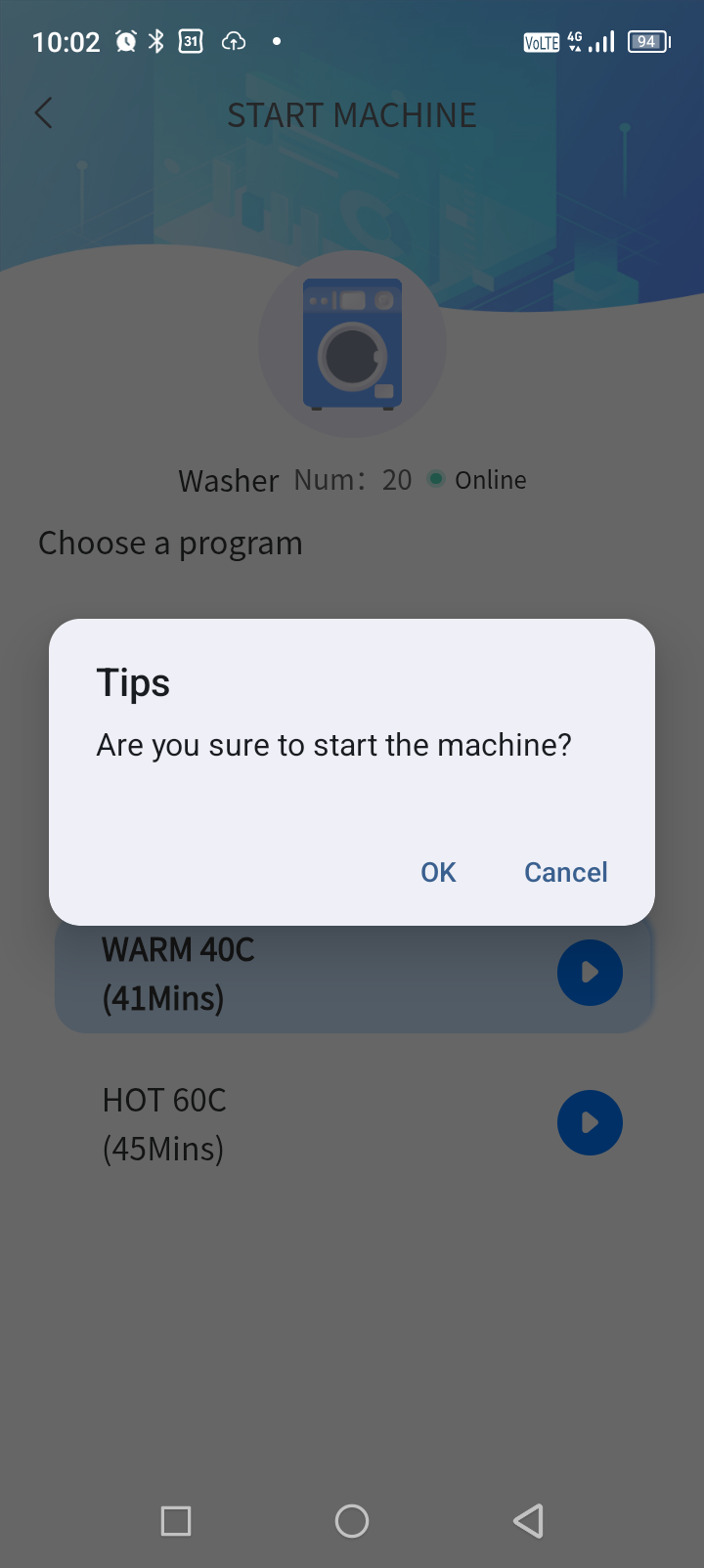 Phone confirmation screen for starting a selected Pitstop laundry machine